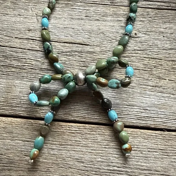 Bow Blue Green Turquoise Sterling Silver Pearls Bead Necklace. 18 Inch. Gift